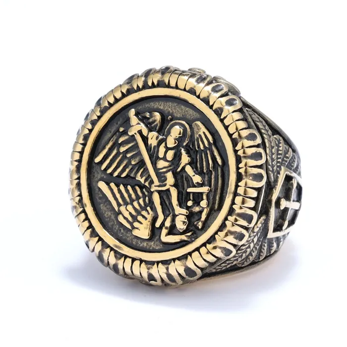 Saint Michael Archangel Ring – Oxidized Polished Titanium Steel Vintage Jewelry for Men, Wholesale Available
