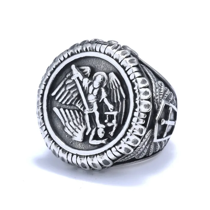 Saint Michael Archangel Ring – Oxidized Polished Titanium Steel Vintage Jewelry for Men, Wholesale Available