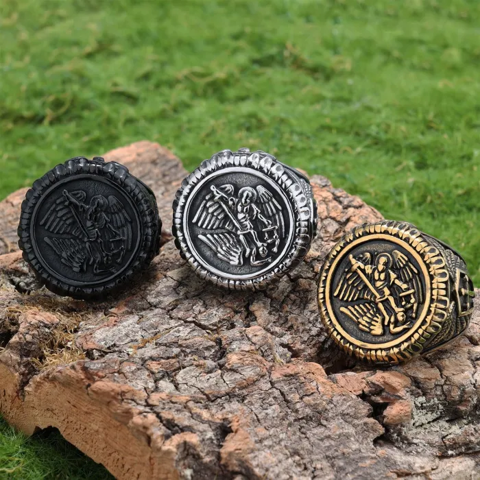 Saint Michael Archangel Ring – Oxidized Polished Titanium Steel Vintage Jewelry for Men, Wholesale Available