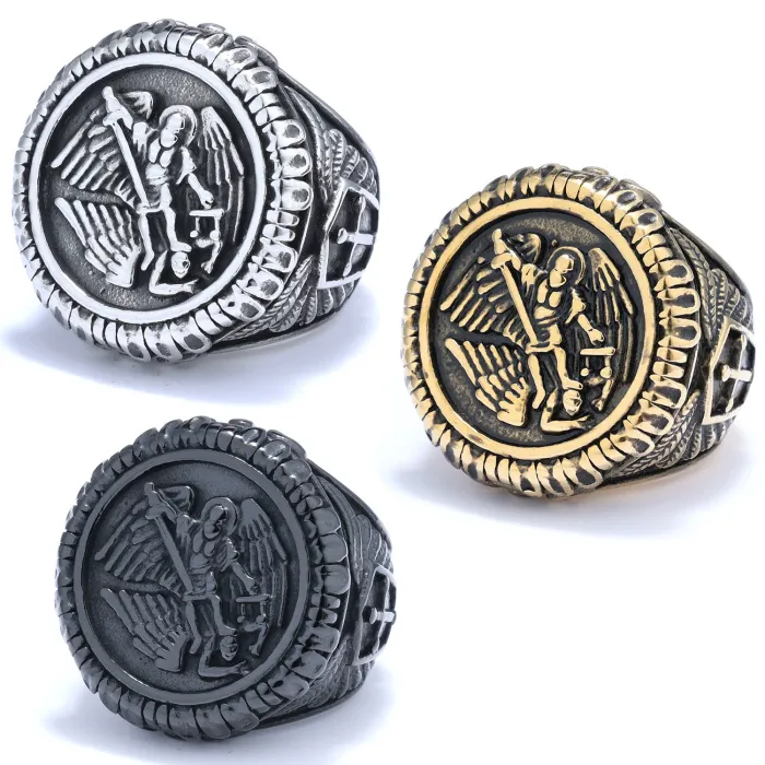Saint Michael Archangel Ring – Oxidized Polished Titanium Steel Vintage Jewelry for Men, Wholesale Available