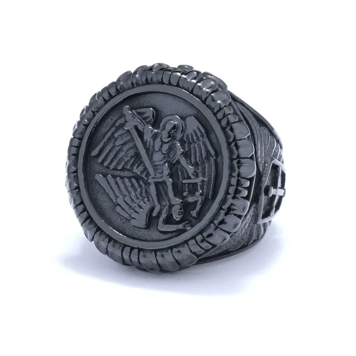Saint Michael Archangel Ring – Oxidized Polished Titanium Steel Vintage Jewelry for Men, Wholesale Available