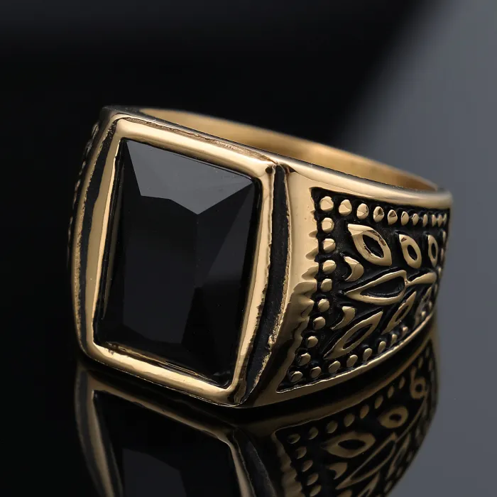Men’s Tulip-Inspired Gemstone Ring – Red & Black Stone Design in Stainless Steel, Minimalist Fashion Jewelry for Wholesale