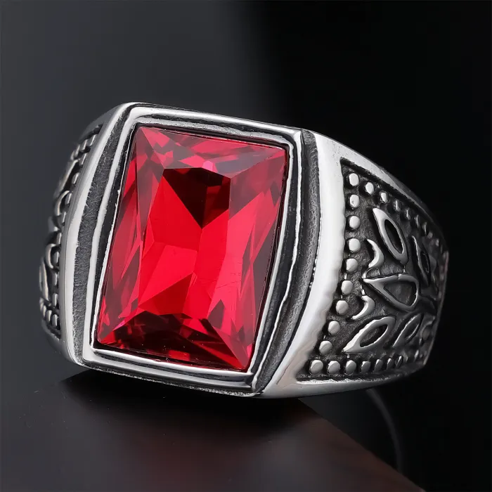 Men’s Tulip-Inspired Gemstone Ring – Red & Black Stone Design in Stainless Steel, Minimalist Fashion Jewelry for Wholesale