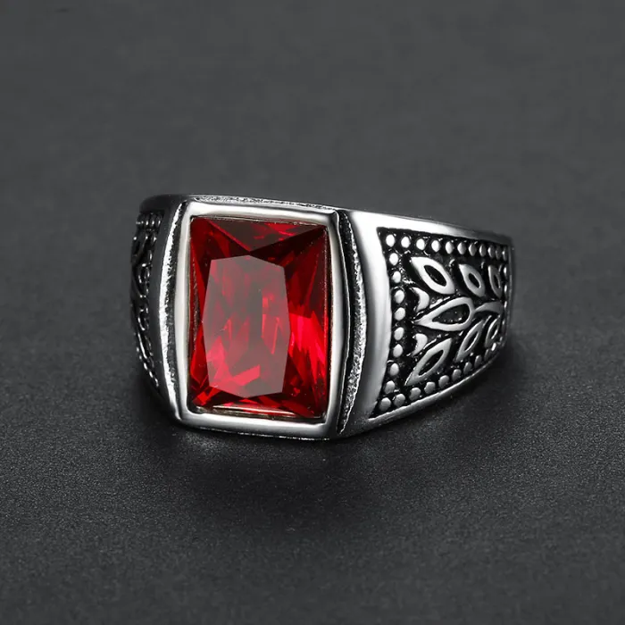 Men’s Tulip-Inspired Gemstone Ring – Red & Black Stone Design in Stainless Steel, Minimalist Fashion Jewelry for Wholesale