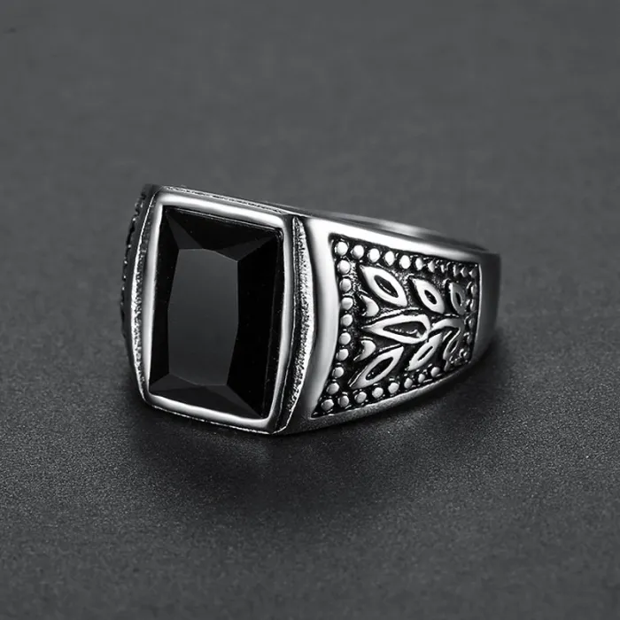 Men’s Tulip-Inspired Gemstone Ring – Red & Black Stone Design in Stainless Steel, Minimalist Fashion Jewelry for Wholesale