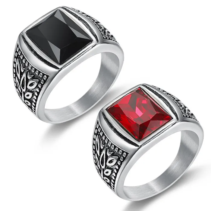 Men’s Tulip-Inspired Gemstone Ring – Red & Black Stone Design in Stainless Steel, Minimalist Fashion Jewelry for Wholesale