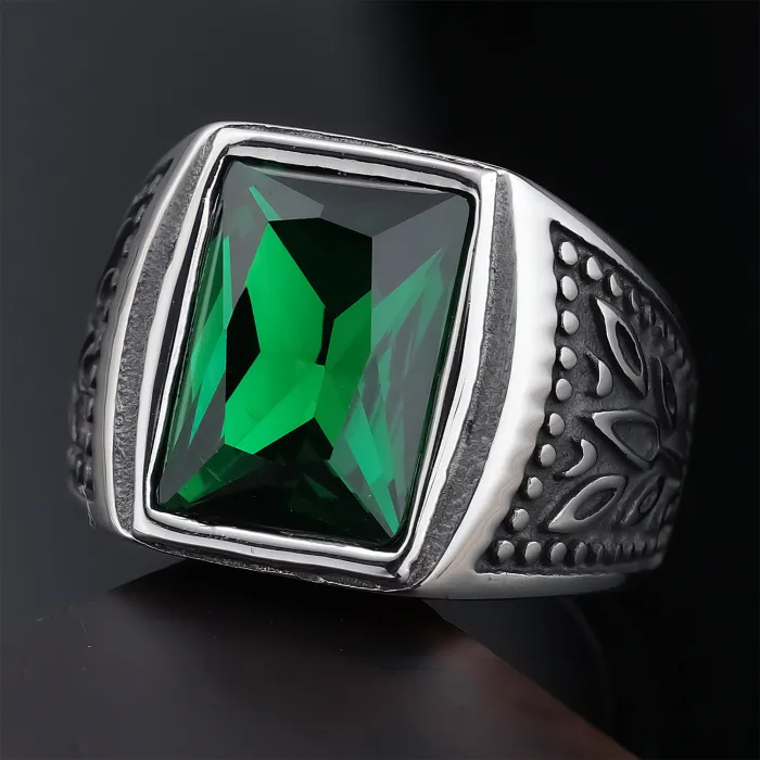 Men’s Tulip-Inspired Gemstone Ring – Red & Black Stone Design in Stainless Steel, Minimalist Fashion Jewelry for Wholesale