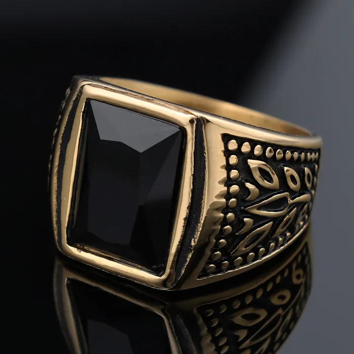 Men’s Tulip-Inspired Gemstone Ring – Red & Black Stone Design in Stainless Steel, Minimalist Fashion Jewelry for Wholesale