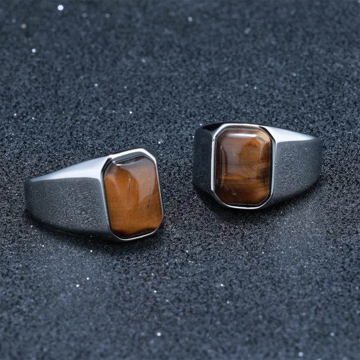 Unisex Brown Cat Eye Statement Ring – Large Gemstone Design in Stainless Steel, Bold Titanium Steel Jewelry for Wholesale