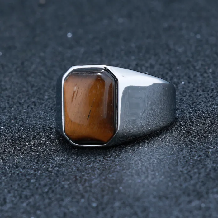 Unisex Brown Cat Eye Statement Ring – Large Gemstone Design in Stainless Steel, Bold Titanium Steel Jewelry for Wholesale
