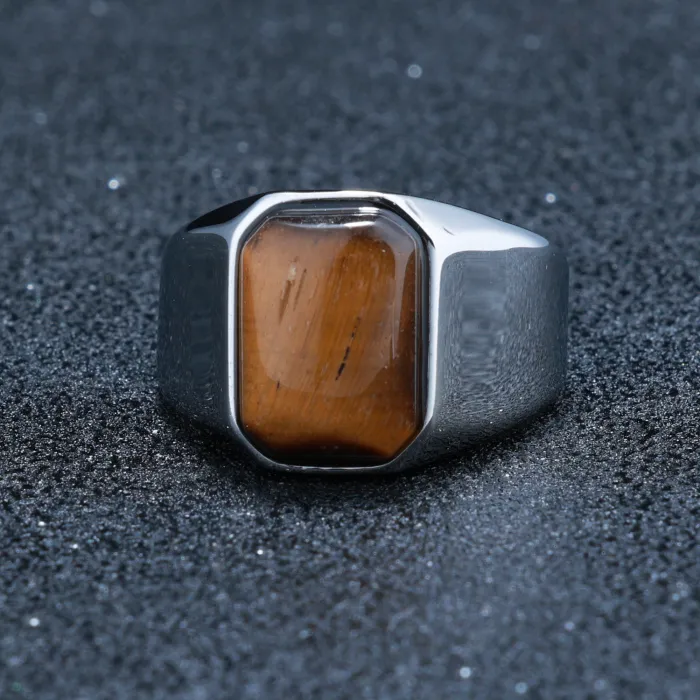 Unisex Brown Cat Eye Statement Ring – Large Gemstone Design in Stainless Steel, Bold Titanium Steel Jewelry for Wholesale