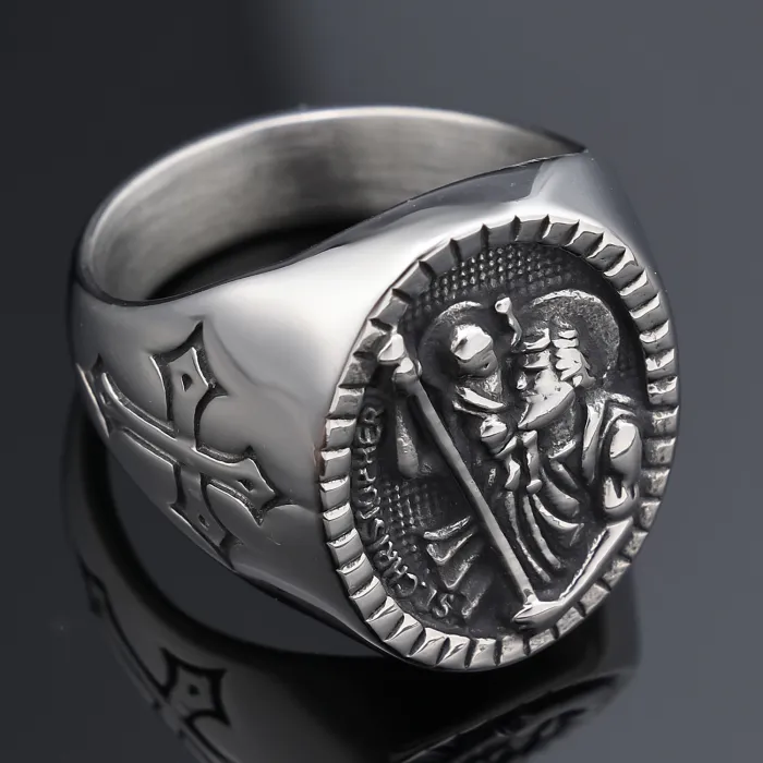 Men’s Anubis & Cross Ring – Vintage Silver-Tone Gothic Jewelry with Egyptian God Design, Stainless Steel Wholesale