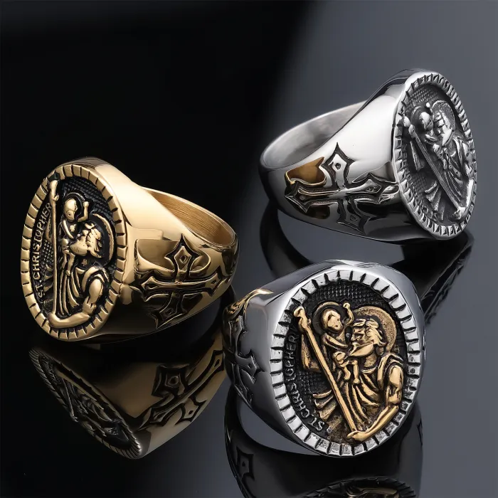 Men’s Anubis & Cross Ring – Vintage Silver-Tone Gothic Jewelry with Egyptian God Design, Stainless Steel Wholesale
