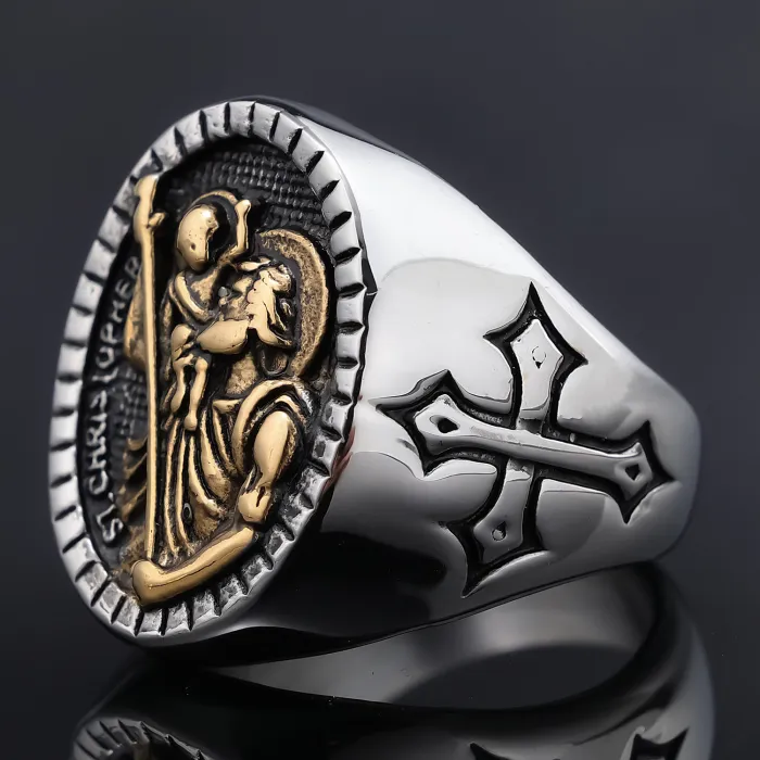Men’s Anubis & Cross Ring – Vintage Silver-Tone Gothic Jewelry with Egyptian God Design, Stainless Steel Wholesale