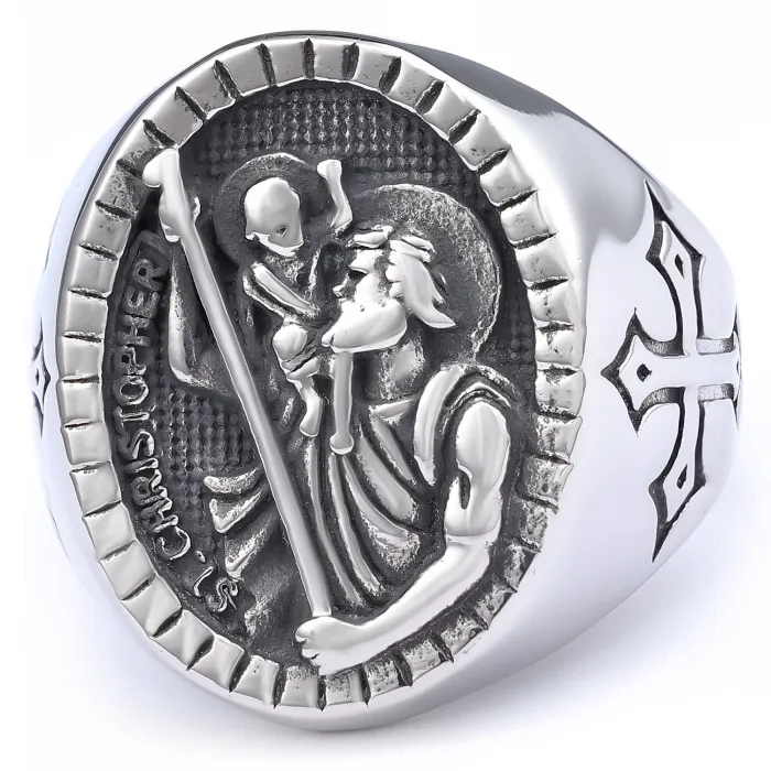 Men’s Anubis & Cross Ring – Vintage Silver-Tone Gothic Jewelry with Egyptian God Design, Stainless Steel Wholesale