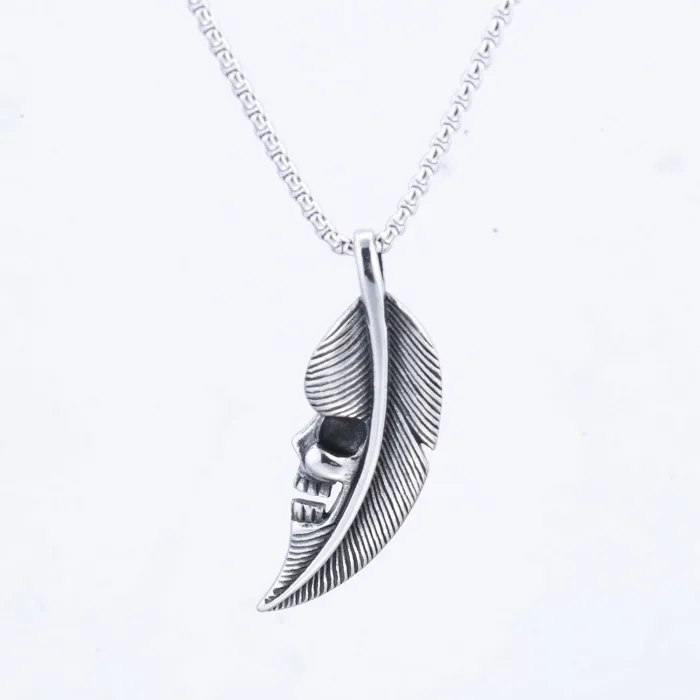Feather Shape Pendant – Bold Vintage Stainless Steel Necklace for Men & Women, Statement Jewelry for Wholesale