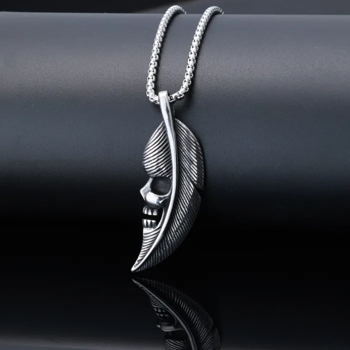 Feather Shape Pendant – Bold Vintage Stainless Steel Necklace for Men & Women, Statement Jewelry for Wholesale