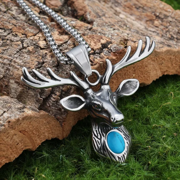 Stainless Steel Deer Skull Pendant – Turquoise Punk Style Necklace for Men, Vintage Gothic Totem Jewelry Wholesale