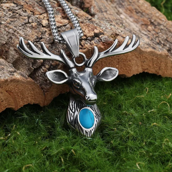 Stainless Steel Deer Skull Pendant – Turquoise Punk Style Necklace for Men, Vintage Gothic Totem Jewelry Wholesale
