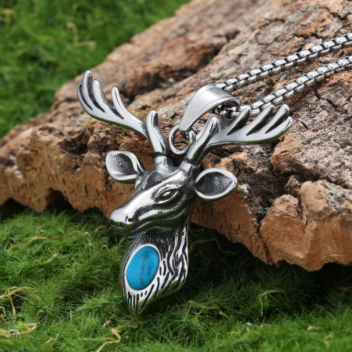 Stainless Steel Deer Skull Pendant – Turquoise Punk Style Necklace for Men, Vintage Gothic Totem Jewelry Wholesale