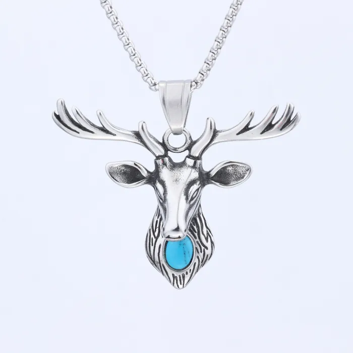 Stainless Steel Deer Skull Pendant – Turquoise Punk Style Necklace for Men, Vintage Gothic Totem Jewelry Wholesale