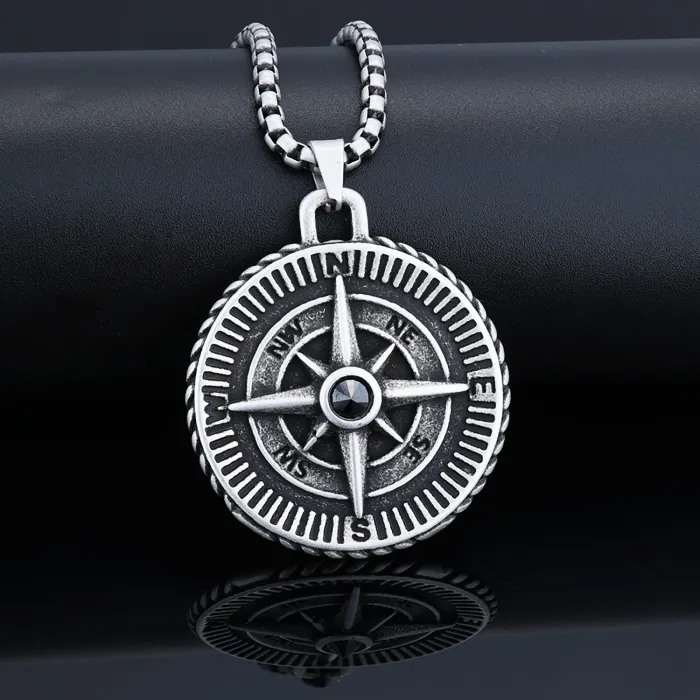 Viking Compass Pendant – Stainless Steel Punk Pirate Necklace, Streetwear Hip-Hop Jewelry for Men, Wholesale