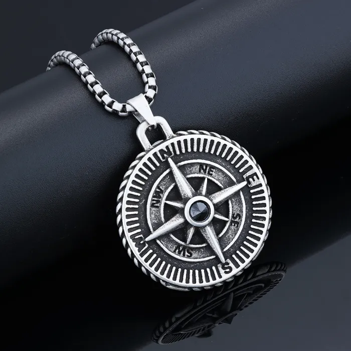 Viking Compass Pendant – Stainless Steel Punk Pirate Necklace, Streetwear Hip-Hop Jewelry for Men, Wholesale