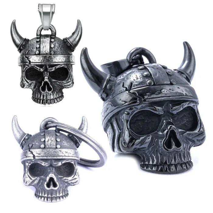 Warrior Bell Pendant – Viking Horned Skull & Armor Design in Stainless Steel, Gothic Biker Necklace for Men, Wholesale