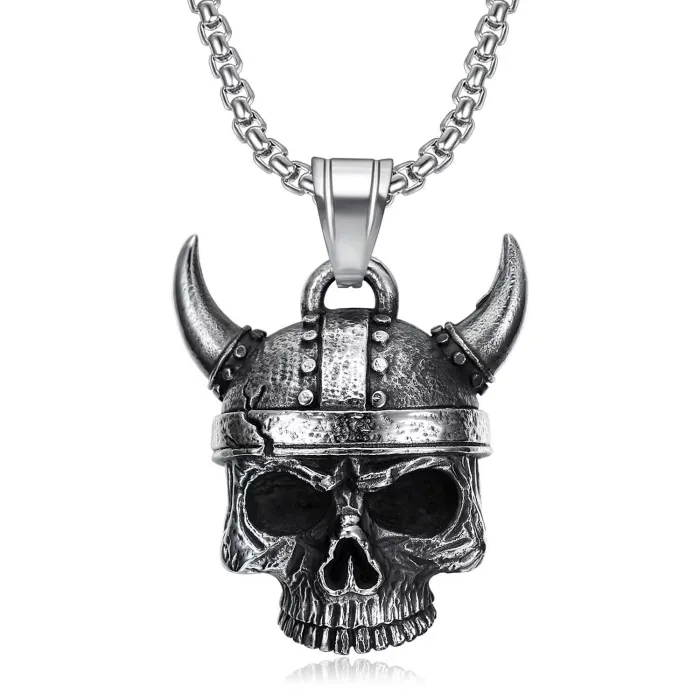 Warrior Bell Pendant – Viking Horned Skull & Armor Design in Stainless Steel, Gothic Biker Necklace for Men, Wholesale