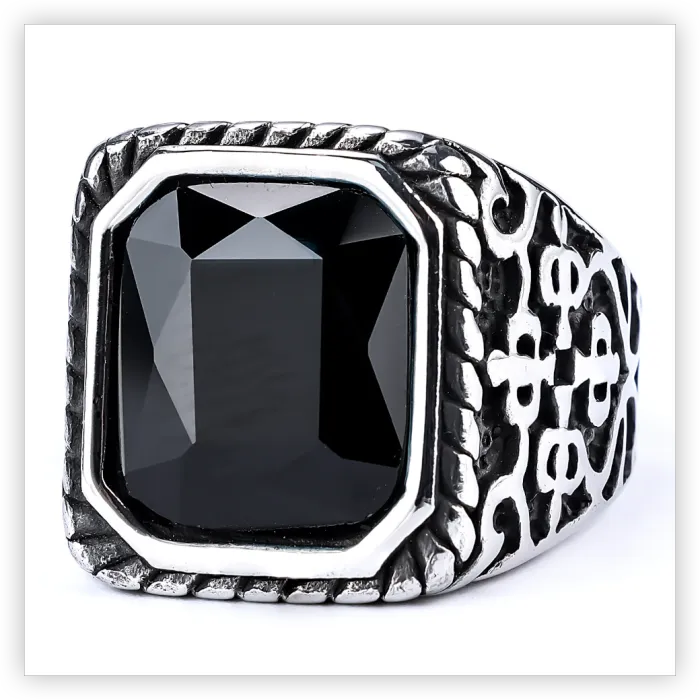 Runic Gemstone Ring – Vintage Polished Stainless Steel Gothic Style Jewelry for Men, Wholesale Available