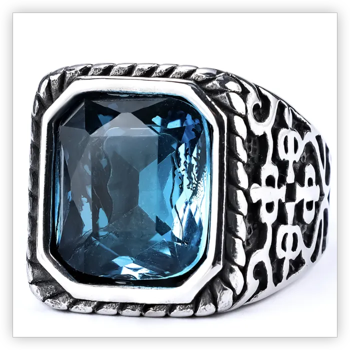 Runic Gemstone Ring – Vintage Polished Stainless Steel Gothic Style Jewelry for Men, Wholesale Available