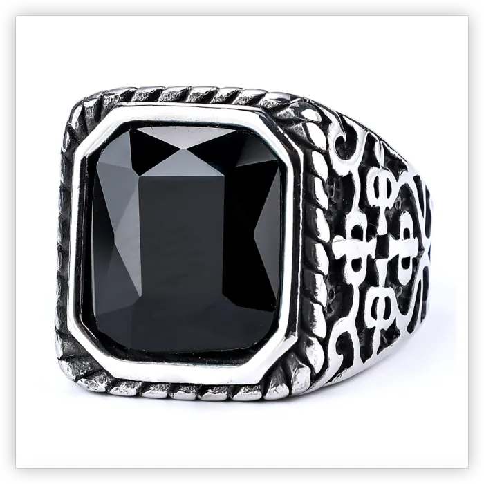 Runic Gemstone Ring – Vintage Polished Stainless Steel Gothic Style Jewelry for Men, Wholesale Available