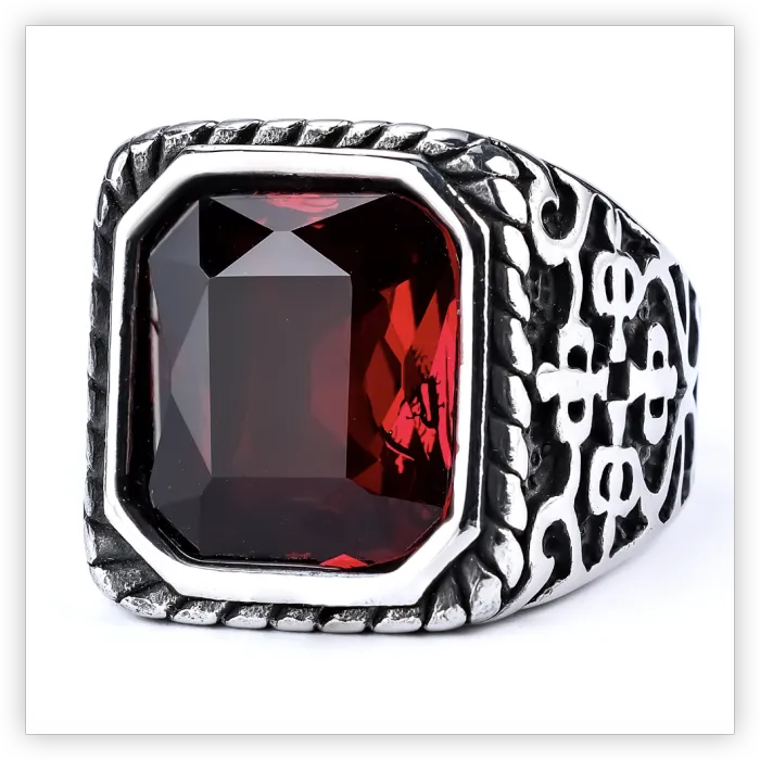 Runic Gemstone Ring – Vintage Polished Stainless Steel Gothic Style Jewelry for Men, Wholesale Available