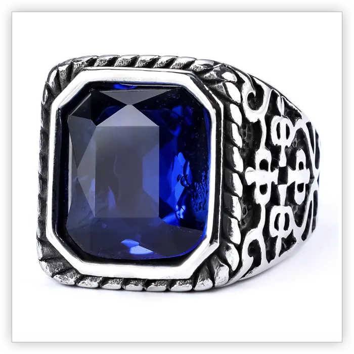 Runic Gemstone Ring – Vintage Polished Stainless Steel Gothic Style Jewelry for Men, Wholesale Available