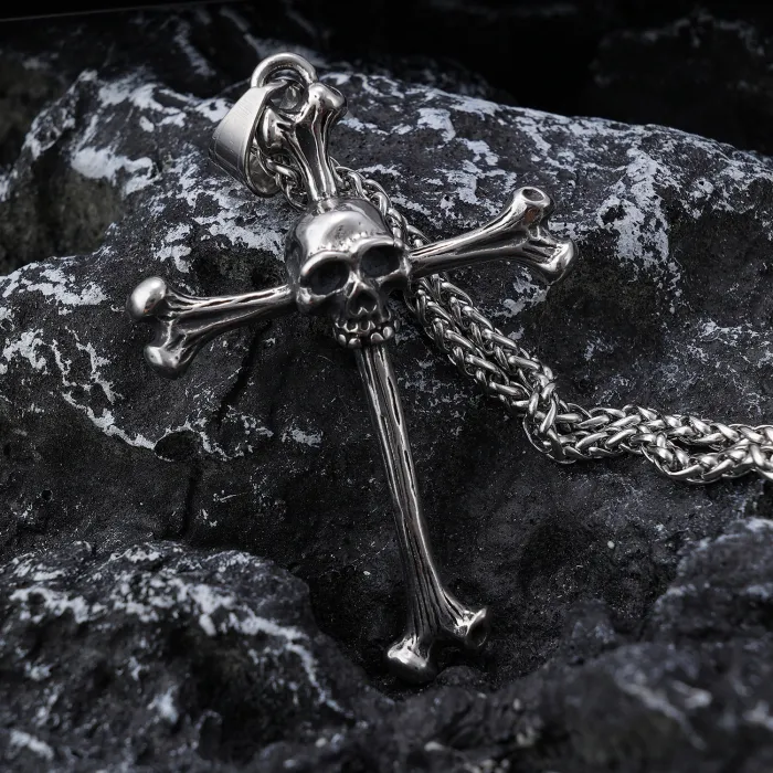 Skull & Bone Cross Pendant – Gothic Stainless Steel Necklace with Bold Punk Style, Wholesale Available