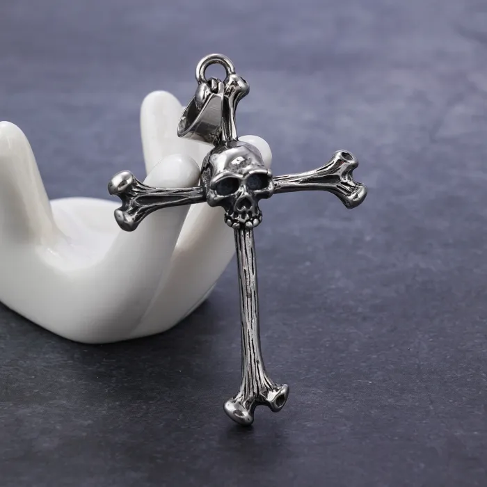 Skull & Bone Cross Pendant – Gothic Stainless Steel Necklace with Bold Punk Style, Wholesale Available