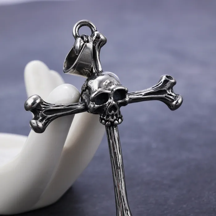 Skull & Bone Cross Pendant – Gothic Stainless Steel Necklace with Bold Punk Style, Wholesale Available