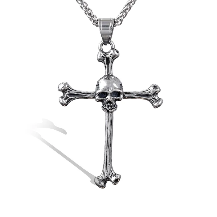 Skull & Bone Cross Pendant – Gothic Stainless Steel Necklace with Bold Punk Style, Wholesale Available