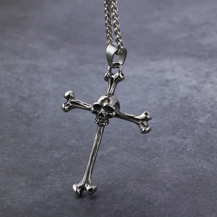 Skull & Bone Cross Pendant – Gothic Stainless Steel Necklace with Bold Punk Style, Wholesale Available