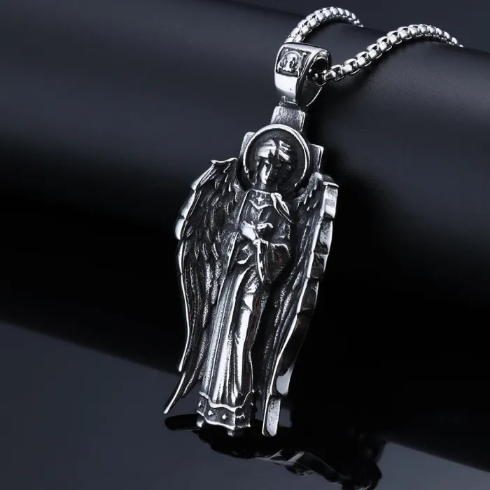 Goddess Prayer Pendant – Angel Wing Wish Necklace in Stainless Steel, European Faith-Inspired Jewelry for Wholesale