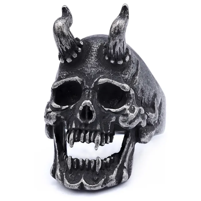 Horned Grim Reaper Ring – Oxidized Stainless Steel Gothic Skull Jewelry for Men, Bold Statement Ring Wholesale