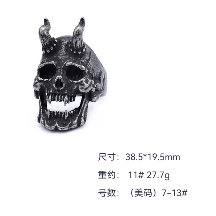 Horned Grim Reaper Ring – Oxidized Stainless Steel Gothic Skull Jewelry for Men, Bold Statement Ring Wholesale