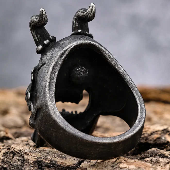 Horned Grim Reaper Ring – Oxidized Stainless Steel Gothic Skull Jewelry for Men, Bold Statement Ring Wholesale