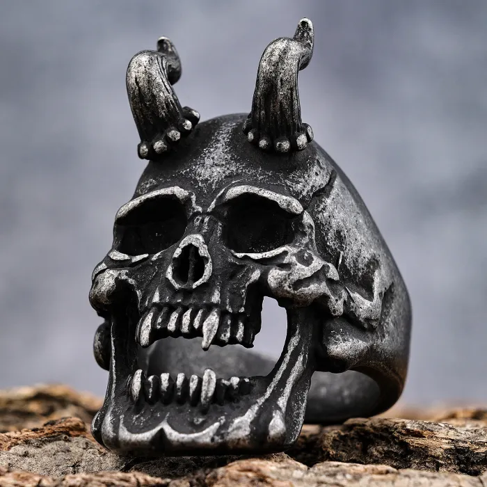 Horned Grim Reaper Ring – Oxidized Stainless Steel Gothic Skull Jewelry for Men, Bold Statement Ring Wholesale