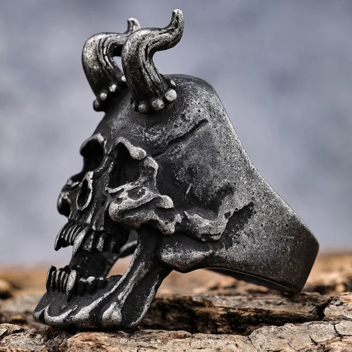 Horned Grim Reaper Ring – Oxidized Stainless Steel Gothic Skull Jewelry for Men, Bold Statement Ring Wholesale