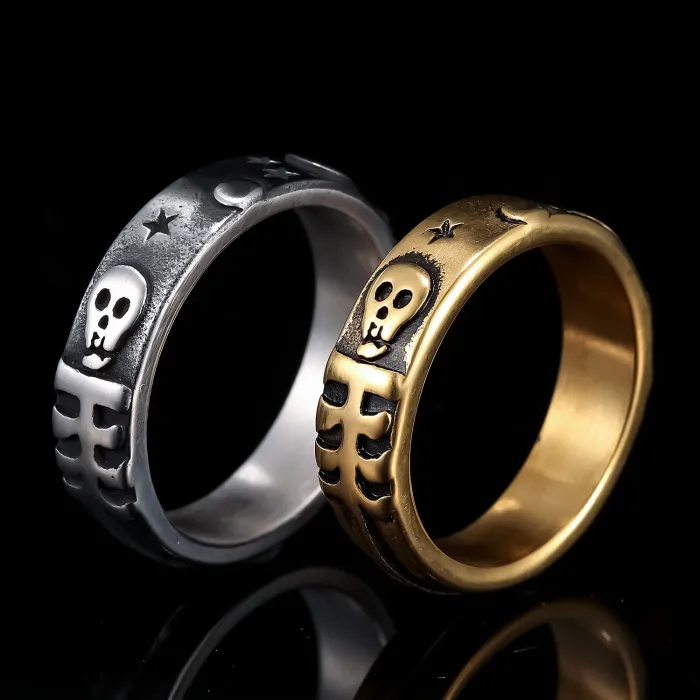 Men’s Skull Star Band Ring – Vintage Stainless Steel Gothic Punk Style, In-Stock Fashion Jewelry for Wholesale