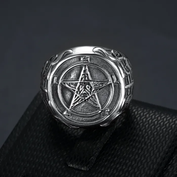 Men’s Hexagram Punk Ring – Vintage Titanium Steel Six-Point Star Band, Gothic Statement Jewelry Wholesale