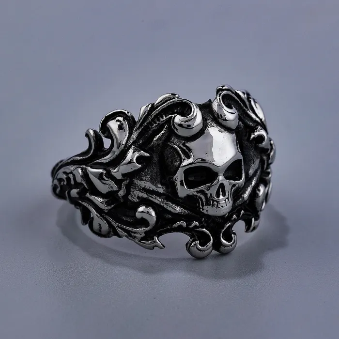 Skull & Wave Engraved Ring – Stainless Steel Gothic Style Statement Jewelry for Men, Wholesale Available