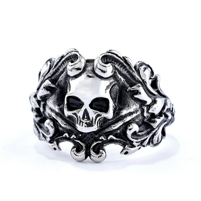 Skull & Wave Engraved Ring – Stainless Steel Gothic Style Statement Jewelry for Men, Wholesale Available