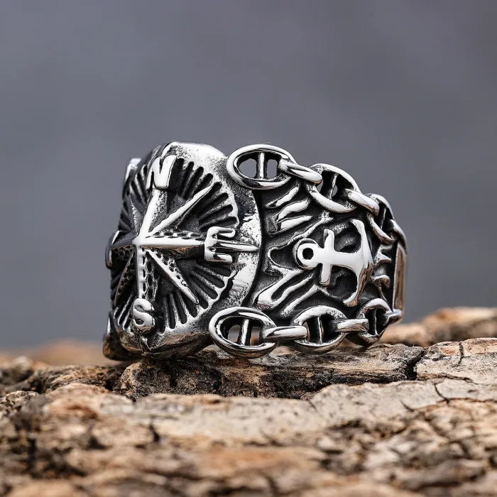 Nautical Compass Anchor Ring – Oxidized Titanium Steel Vintage Maritime Symbol Jewelry for Men, Wholesale